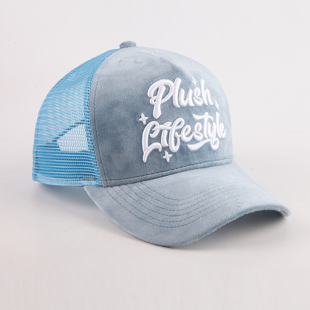 Light Blue Velvet Trucker Hat with Embroidered Script Logo, 5 Panel Mesh Back Baseball Cap