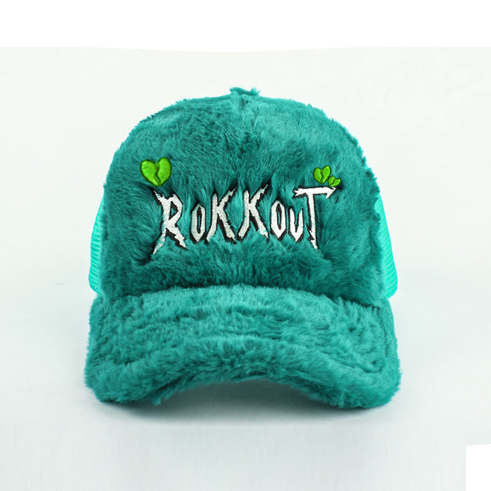 Colorful Plush Velvet Trucker Hat with Embroidered Script Logo, 5 Panel Mesh Back Baseball Cap