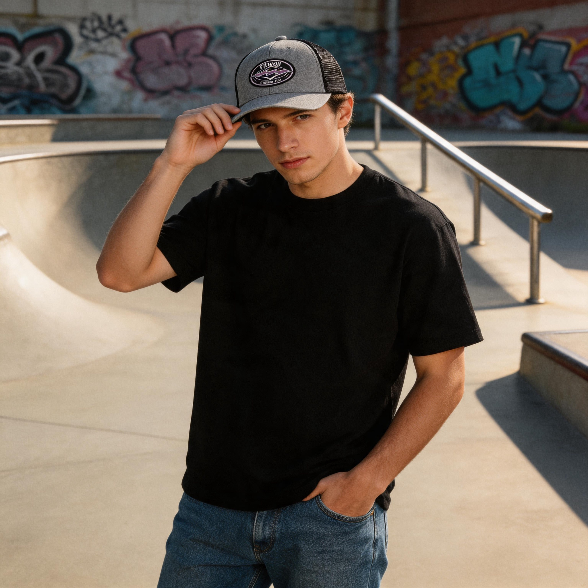 Gray Mesh Trucker Hat with Retro Surf Woven Patch