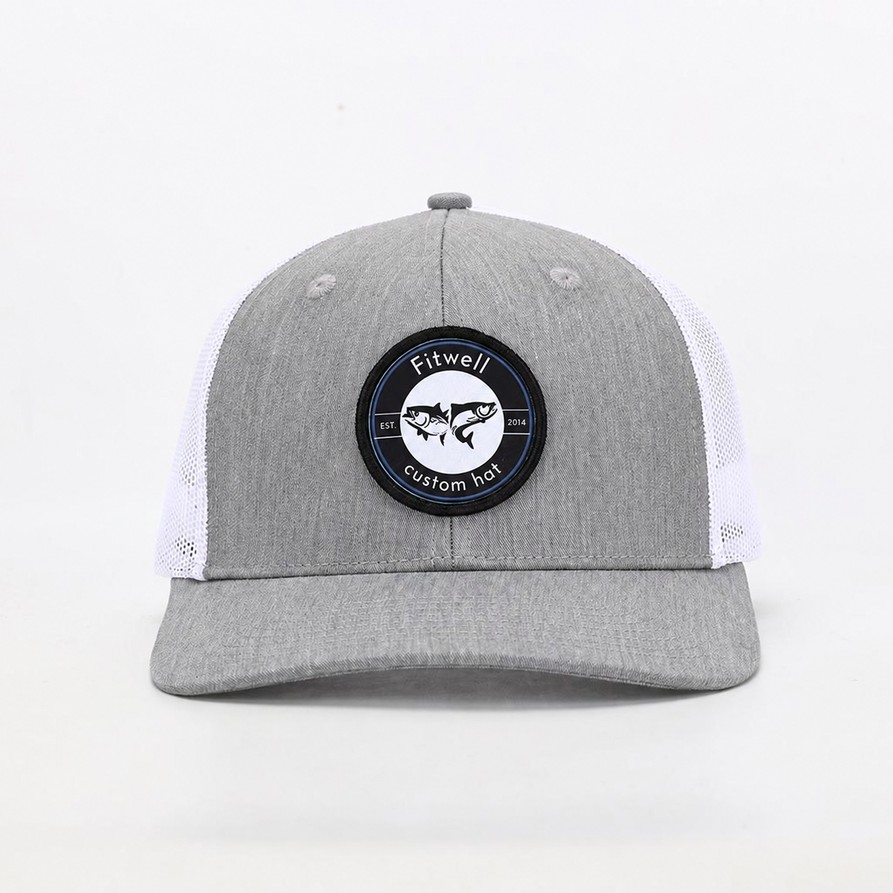 Gray Mesh Trucker Hat with Fish Logo Woven Patch and Cotton Twill Front