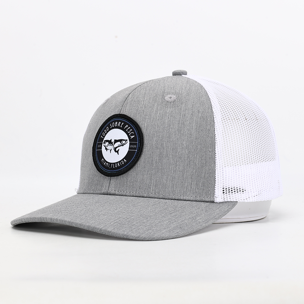 Gray Mesh Trucker Hat with Fish Logo Woven Patch and Cotton Twill Front