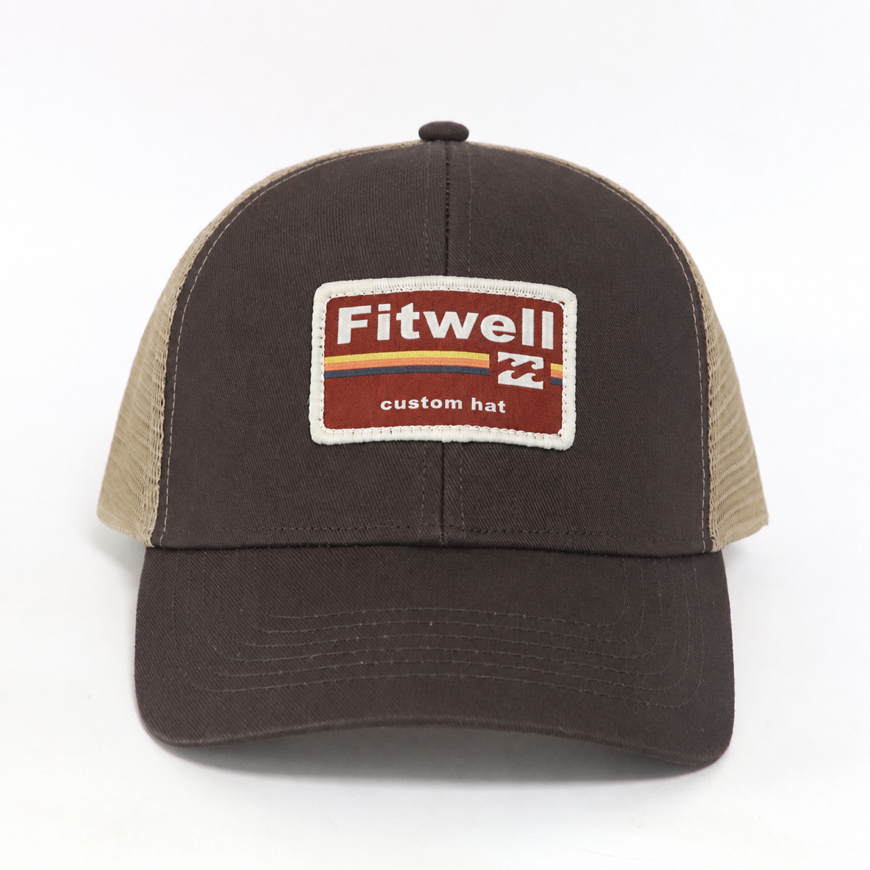 Brown Mesh Trucker Hat with Retro Boardshorts Woven Patch