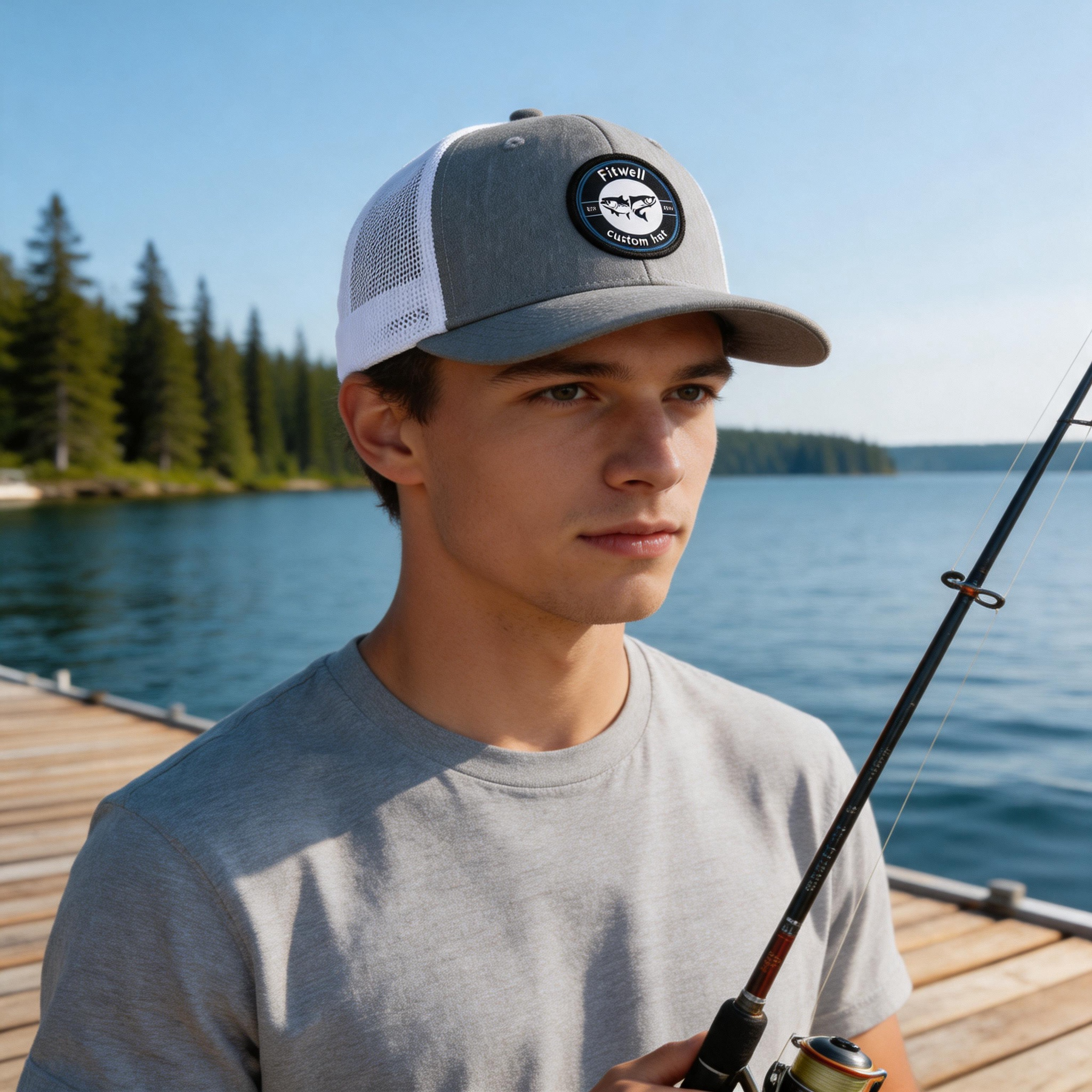 Gray Mesh Trucker Hat with Fish Logo Woven Patch and Cotton Twill Front