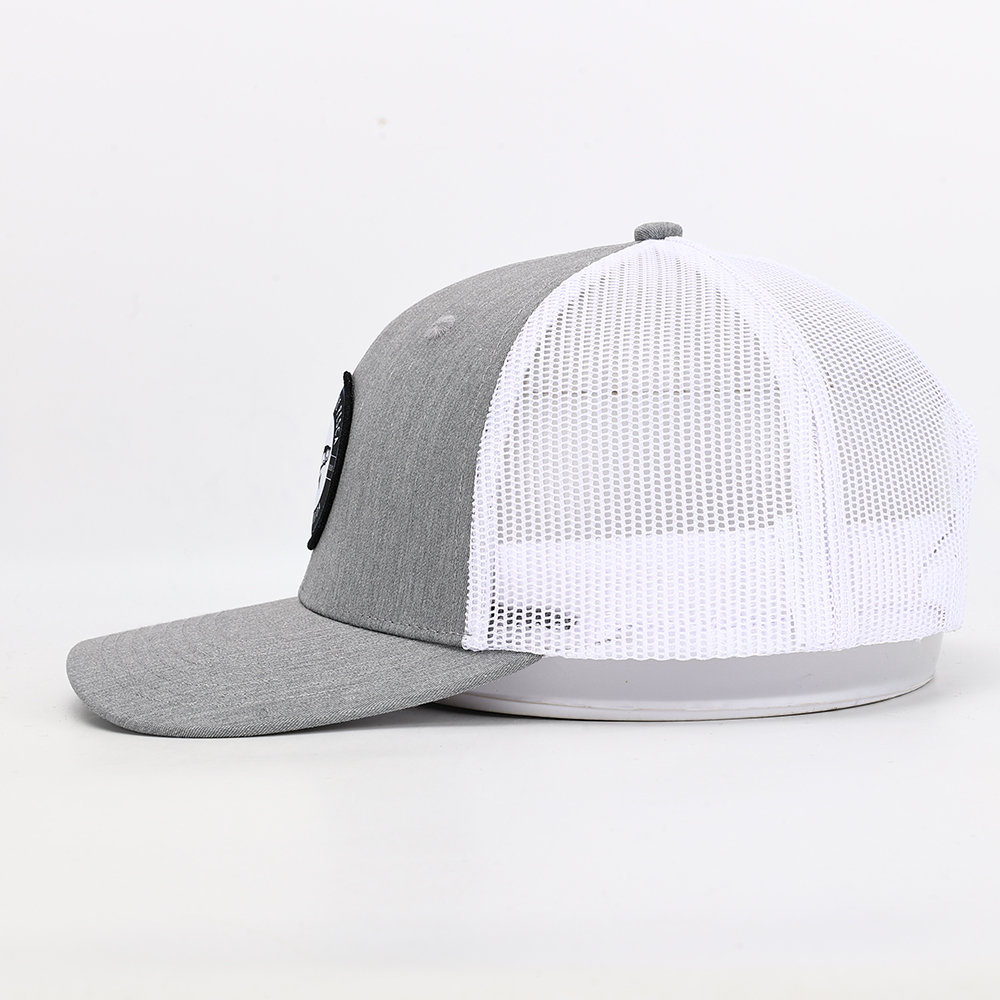 Gray Mesh Trucker Hat with Fish Logo Woven Patch and Cotton Twill Front