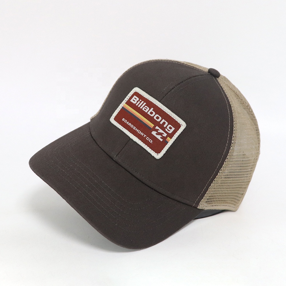 Brown Mesh Trucker Hat with Retro Boardshorts Woven Patch