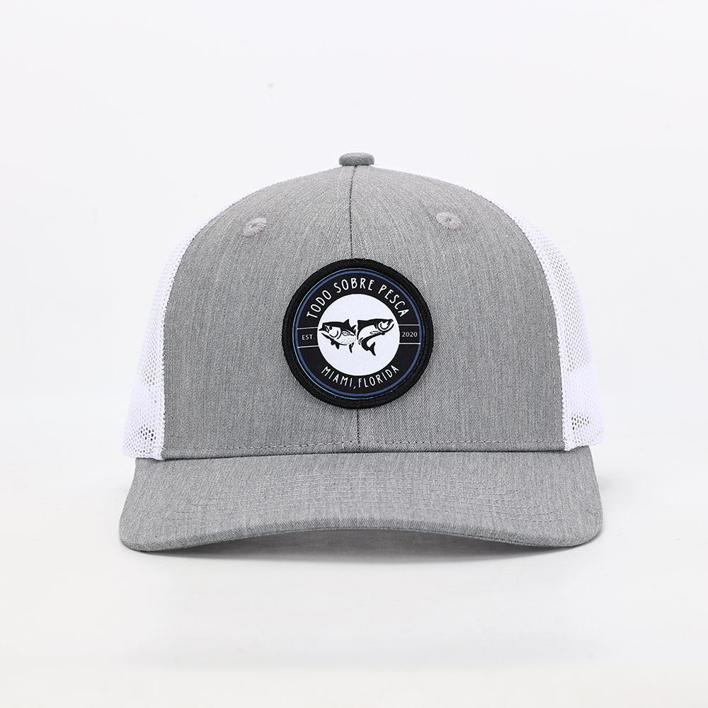 Gray Mesh Trucker Hat with Fish Logo Woven Patch and Cotton Twill Front