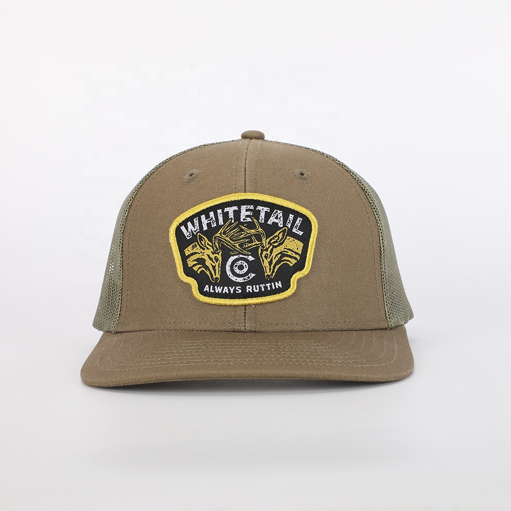 Olive Green Mesh Trucker Hat with Whitetail Woven Patch Logo