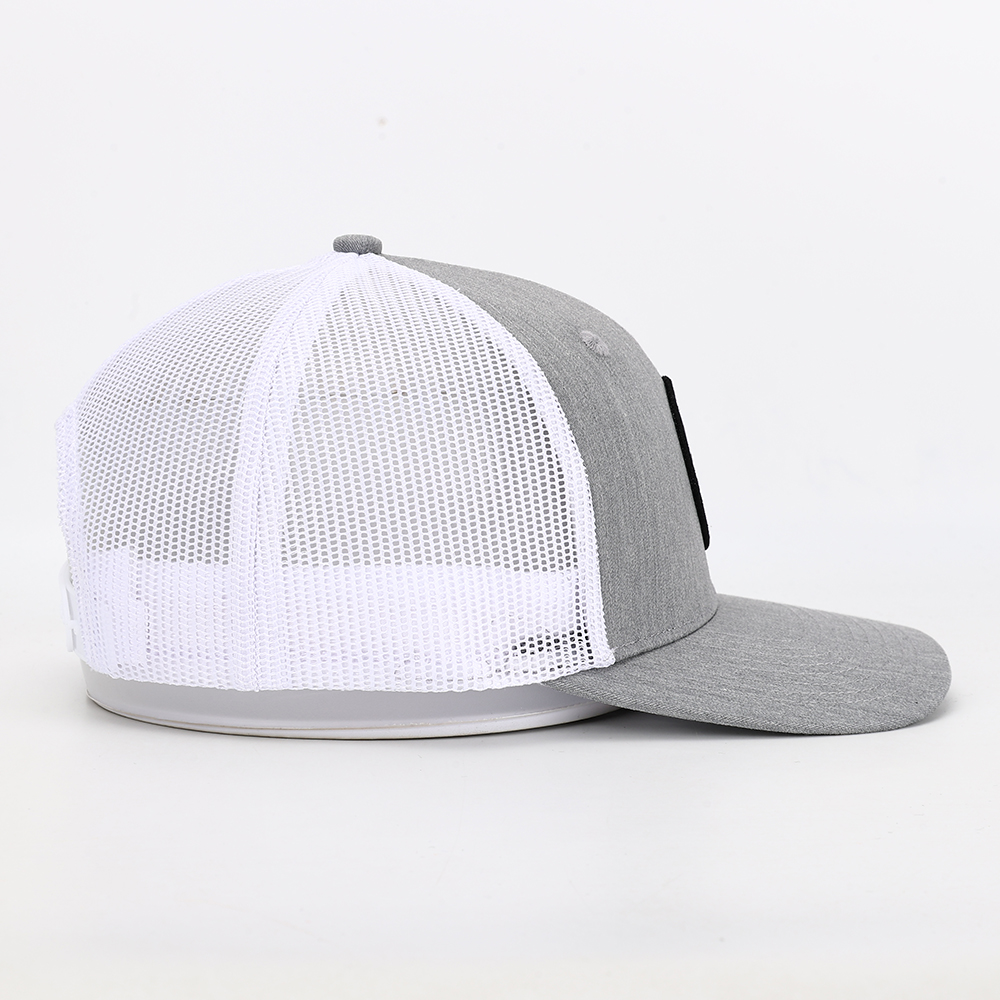 Gray Mesh Trucker Hat with Fish Logo Woven Patch and Cotton Twill Front