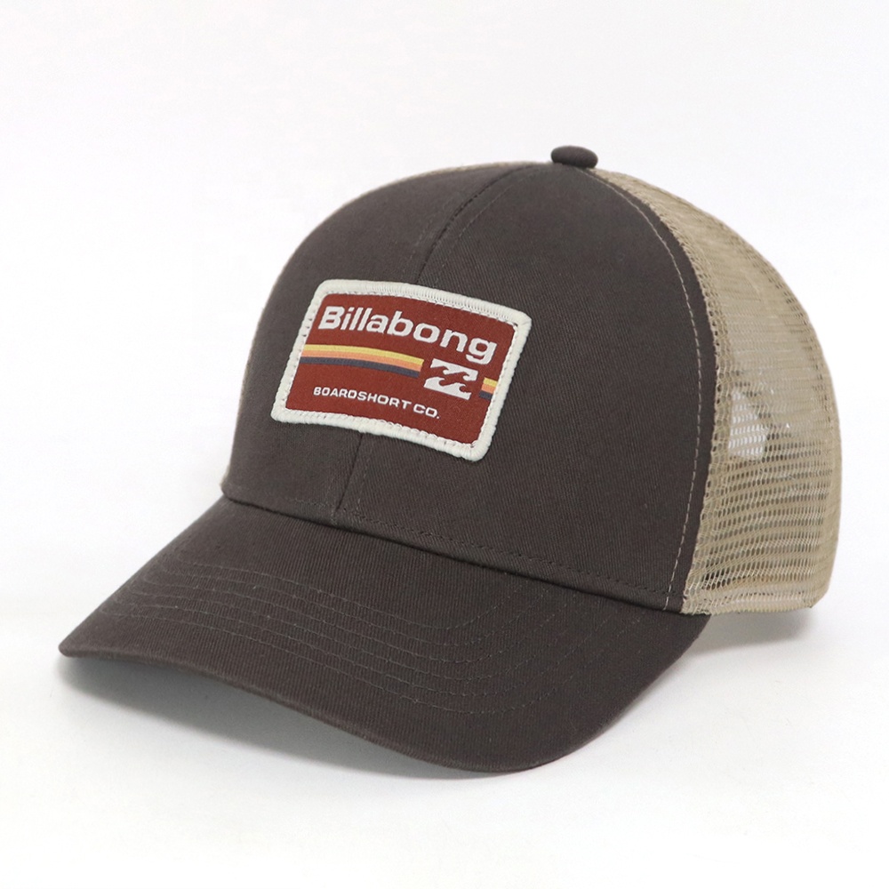 Brown Mesh Trucker Hat with Retro Boardshorts Woven Patch