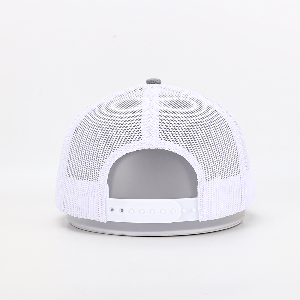 Gray Mesh Trucker Hat with Fish Logo Woven Patch and Cotton Twill Front