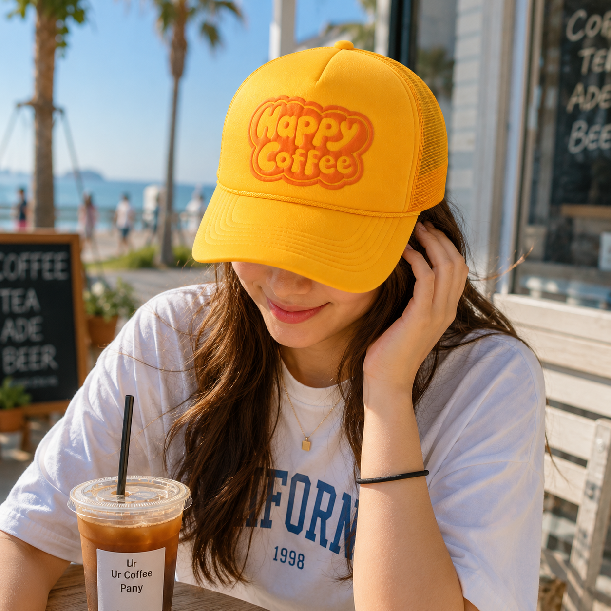 Yellow Happy Coffee Foam Mesh Trucker Cap with Raised Front Logo