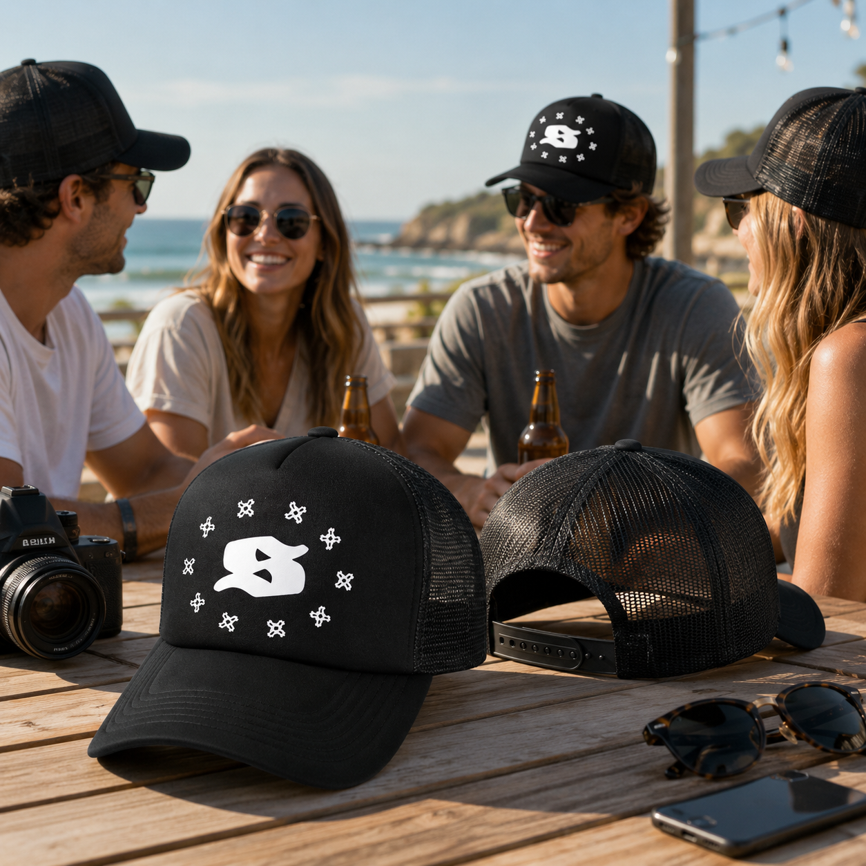 Black Mesh-Back Trucker Cap with White Raised Monogram Graphic