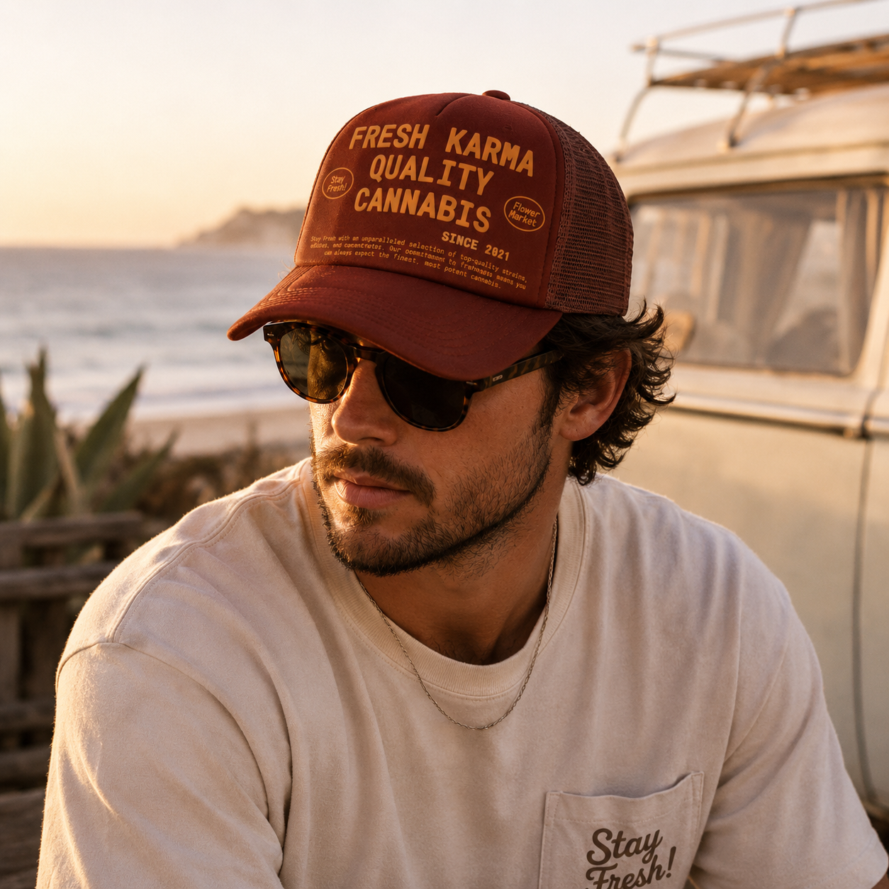 Raised Graphic Mesh Back Trucker Cap with Curved Brim