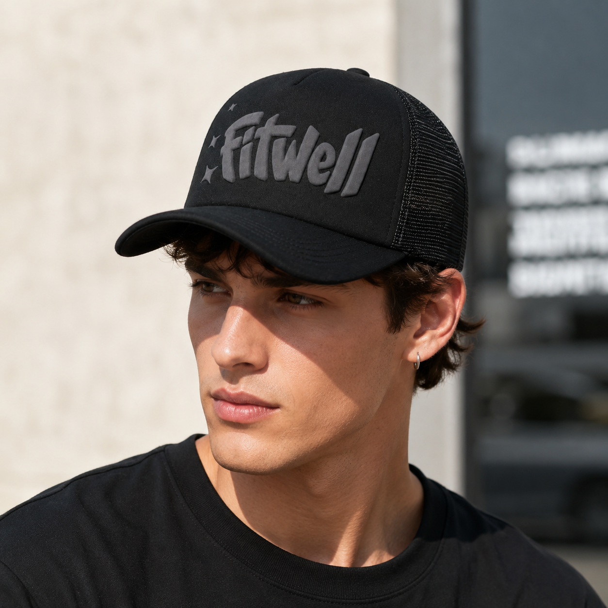 Black Foam-Mesh Trucker Cap with Tonal Raised Graffiti Logo