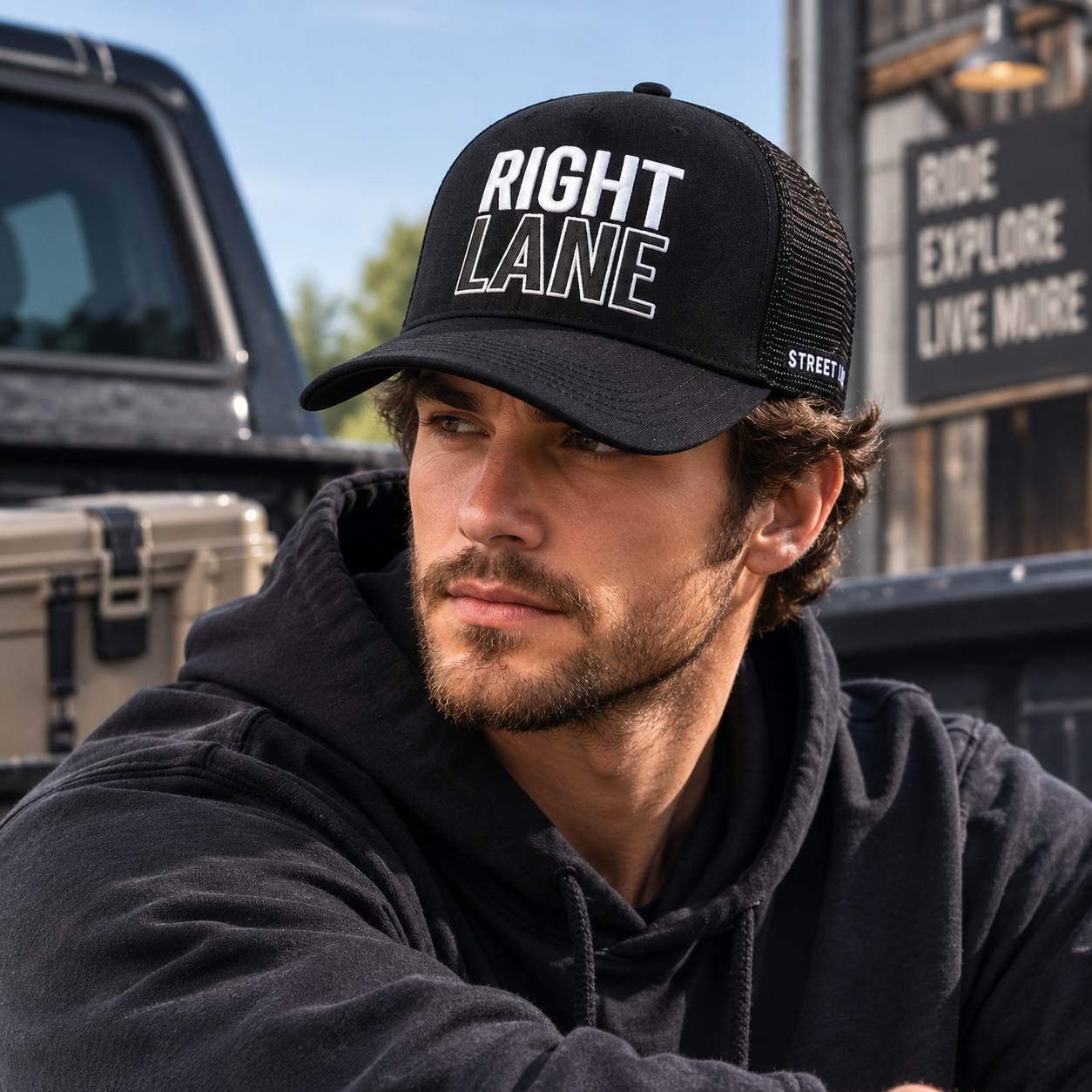 Black RIGHT LANE Raised Letter Mesh Trucker Cap