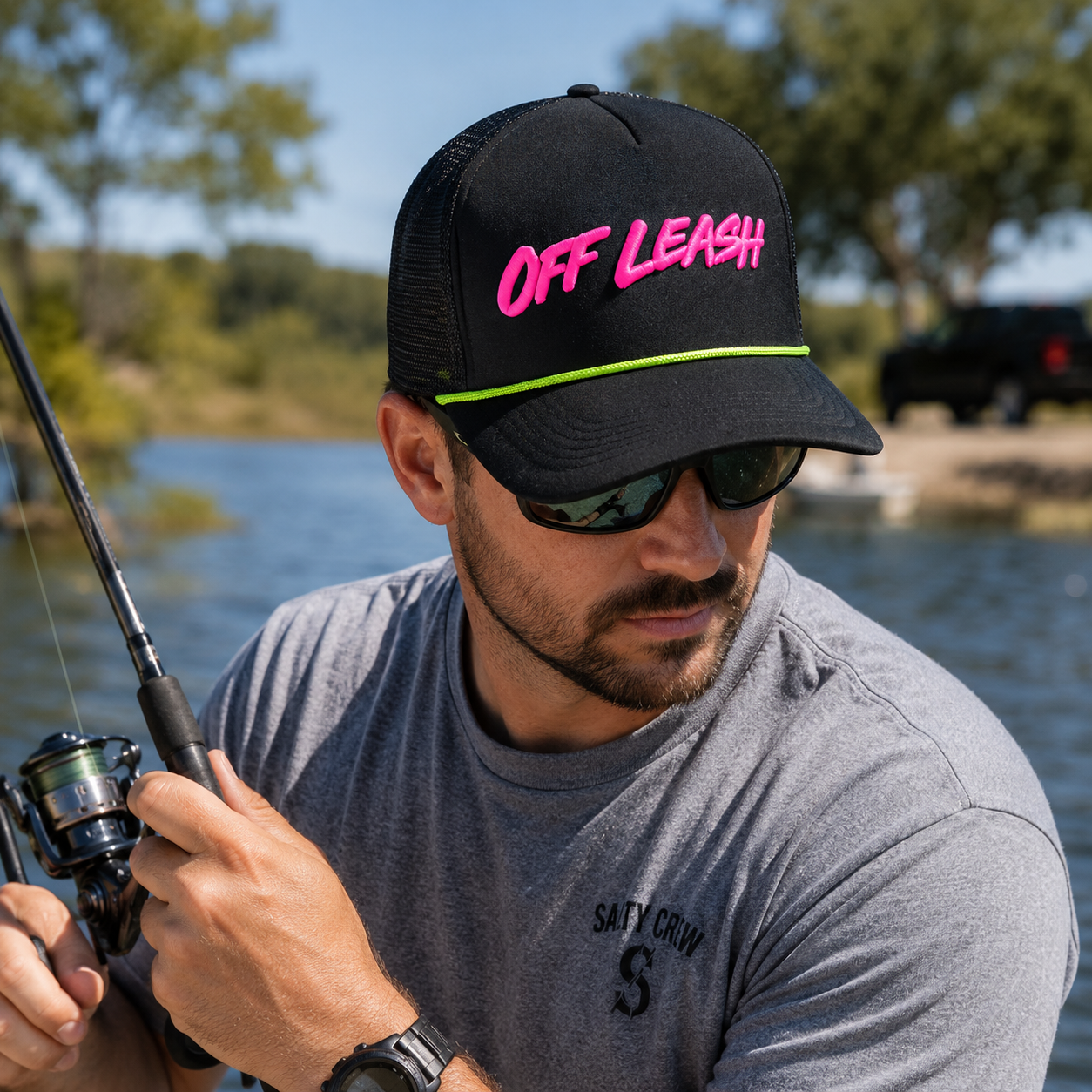 Black Mesh Rope Trucker Cap with Hot Pink Raised Letter Logo