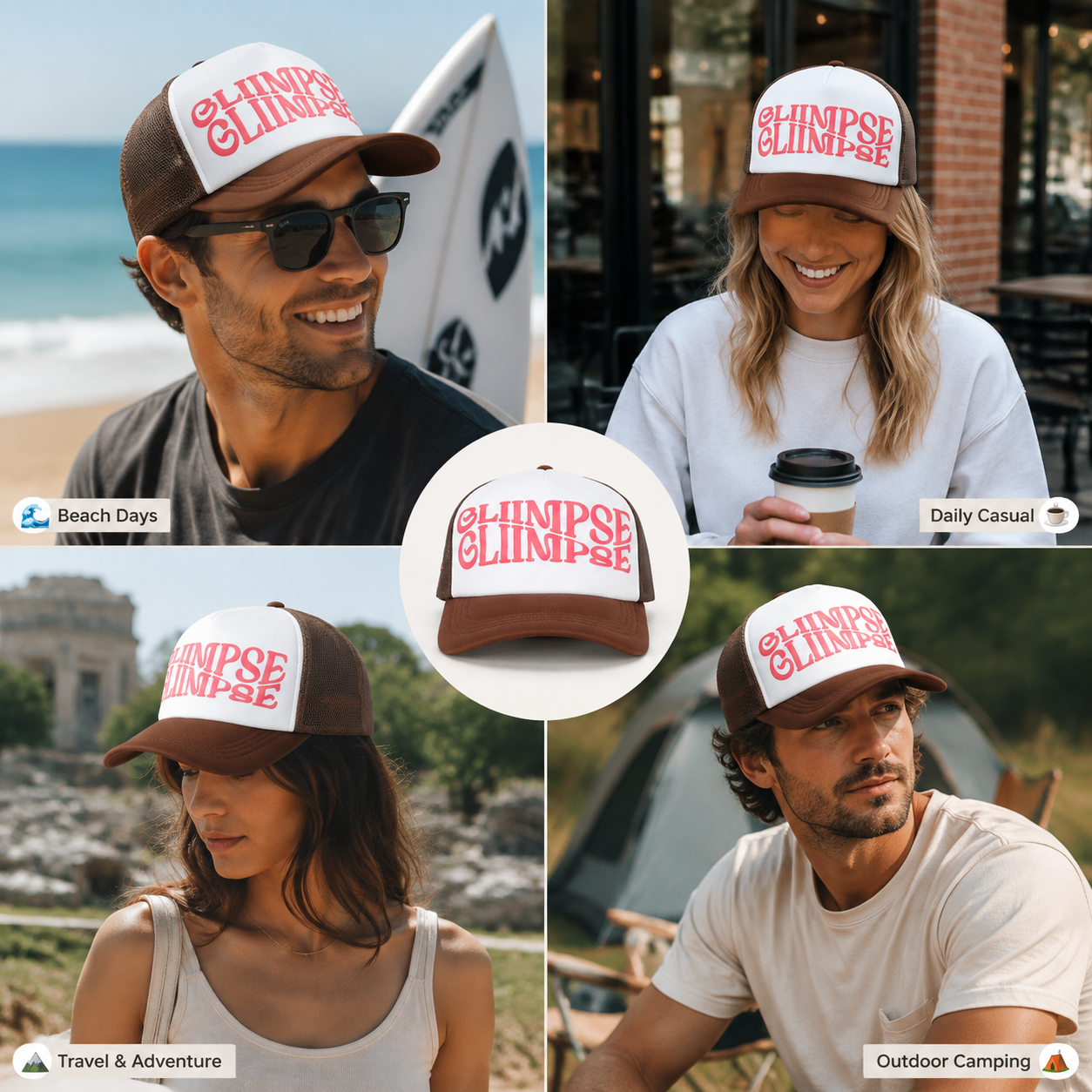 Vintage Brown Mesh Back Trucker Cap with Pink 3D Embroidered Logo and Adjustable Snap Closure