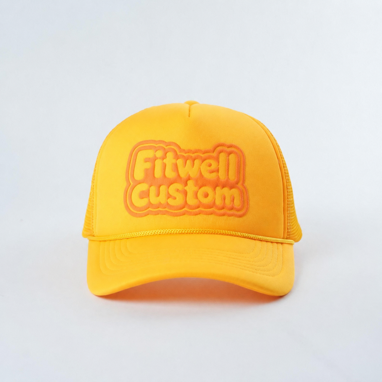 Yellow Happy Coffee Foam Mesh Trucker Cap with Raised Front Logo