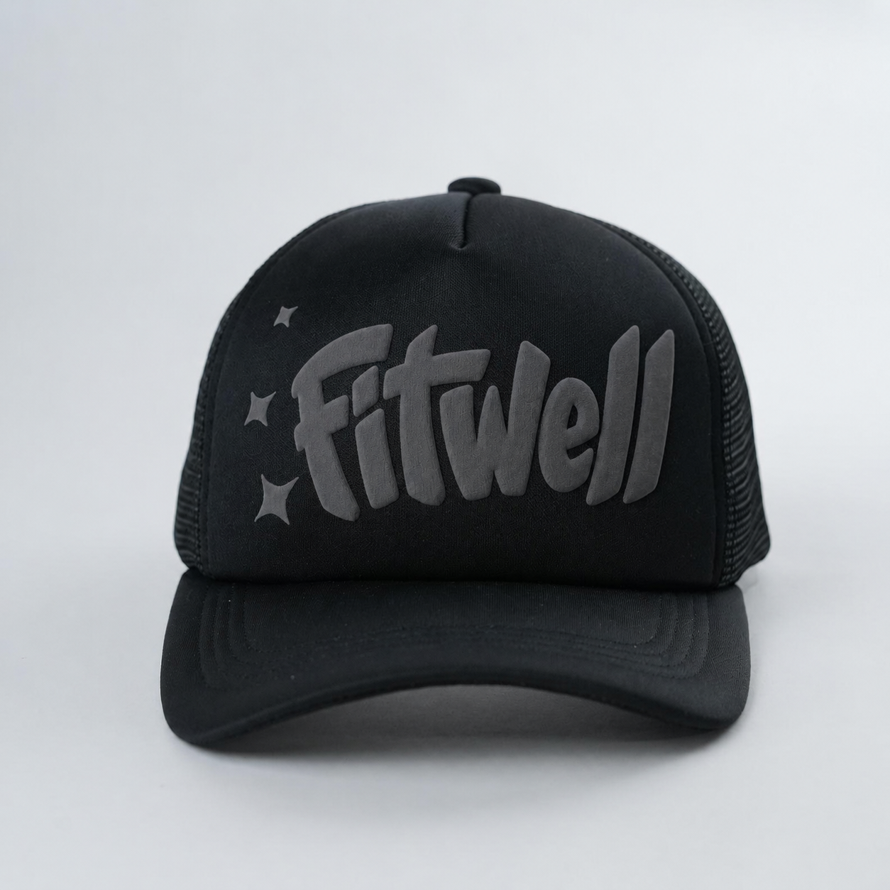 Black Foam-Mesh Trucker Cap with Tonal Raised Graffiti Logo