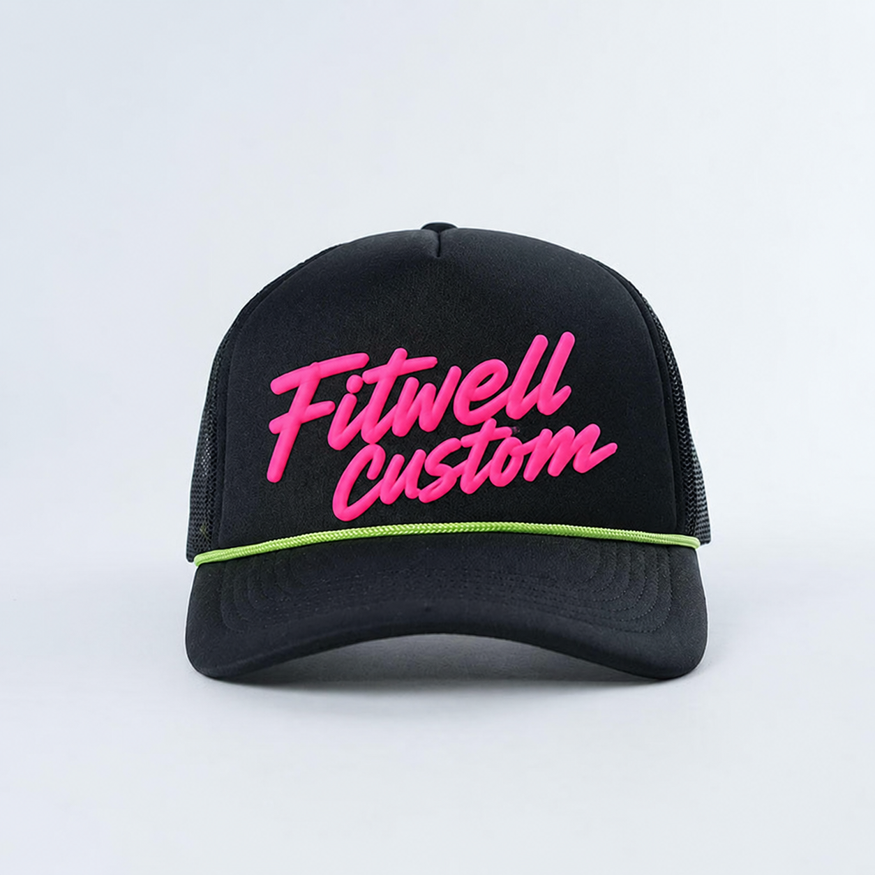 Black Mesh Rope Trucker Cap with Hot Pink Raised Letter Logo