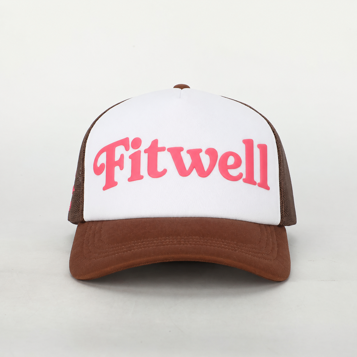 Vintage Brown Mesh Back Trucker Cap with Pink 3D Embroidered Logo and Adjustable Snap Closure