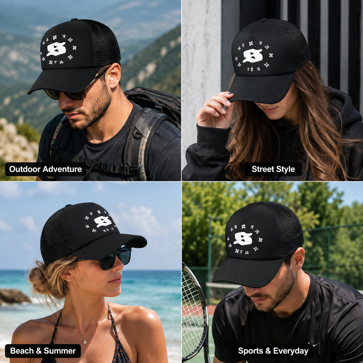Black Mesh-Back Trucker Cap with White Raised Monogram Graphic