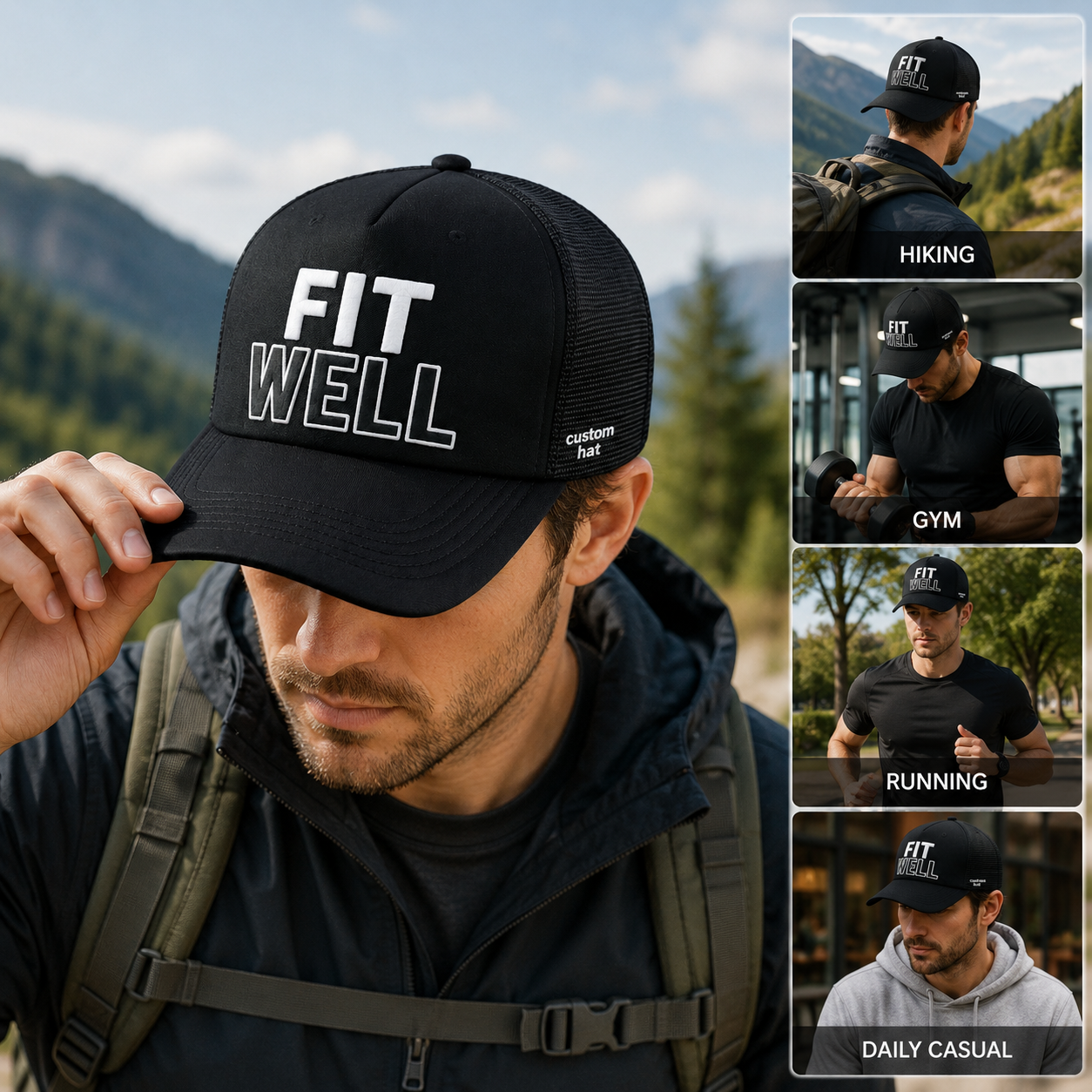 Black RIGHT LANE Raised Letter Mesh Trucker Cap
