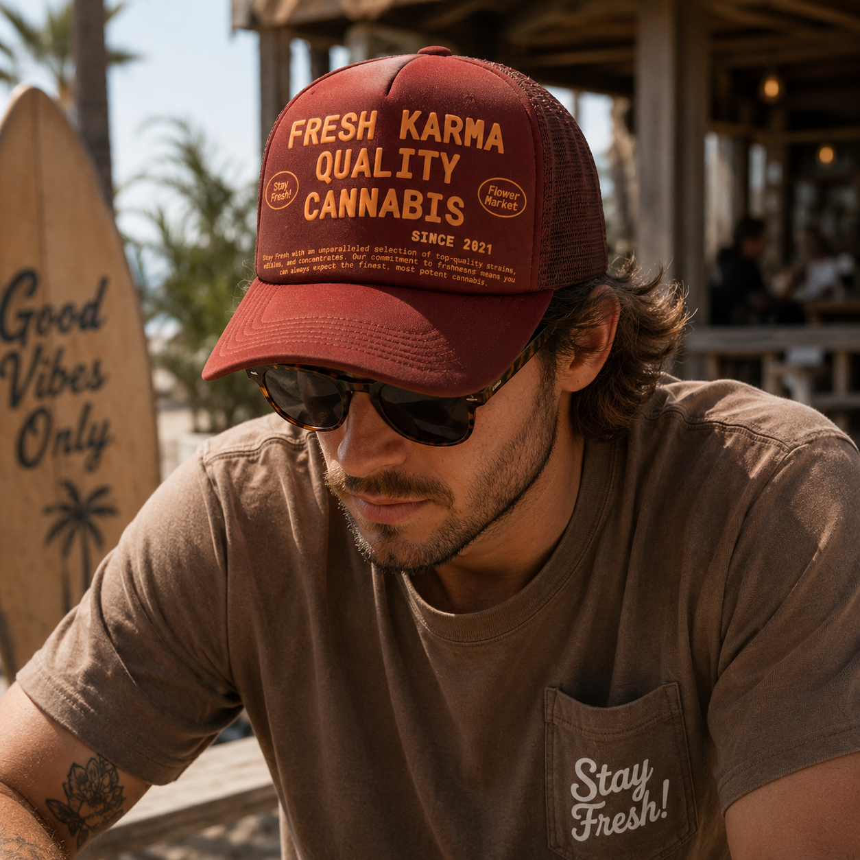 Raised Graphic Mesh Back Trucker Cap with Curved Brim