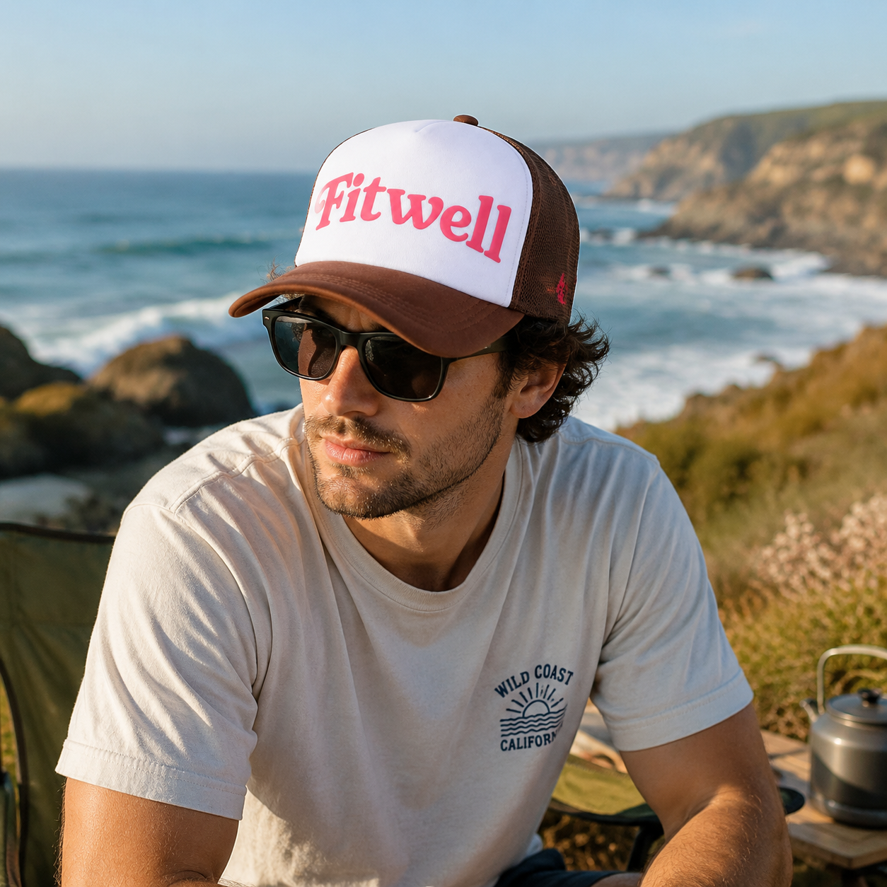 Vintage Brown Mesh Back Trucker Cap with Pink 3D Embroidered Logo and Adjustable Snap Closure