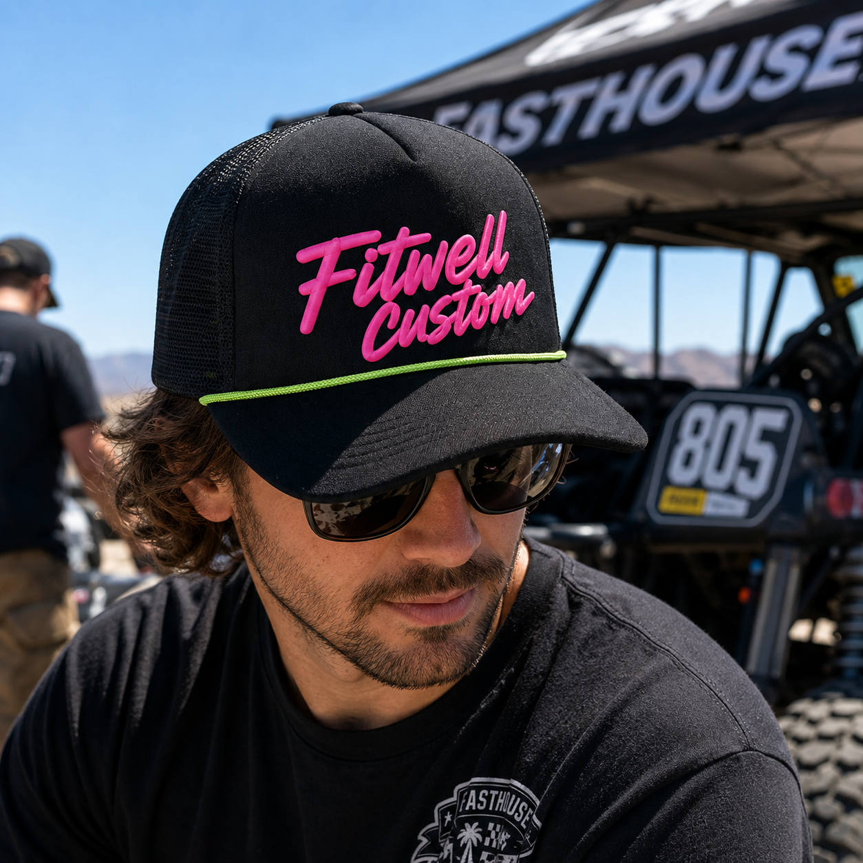 Black Mesh Rope Trucker Cap with Hot Pink Raised Letter Logo