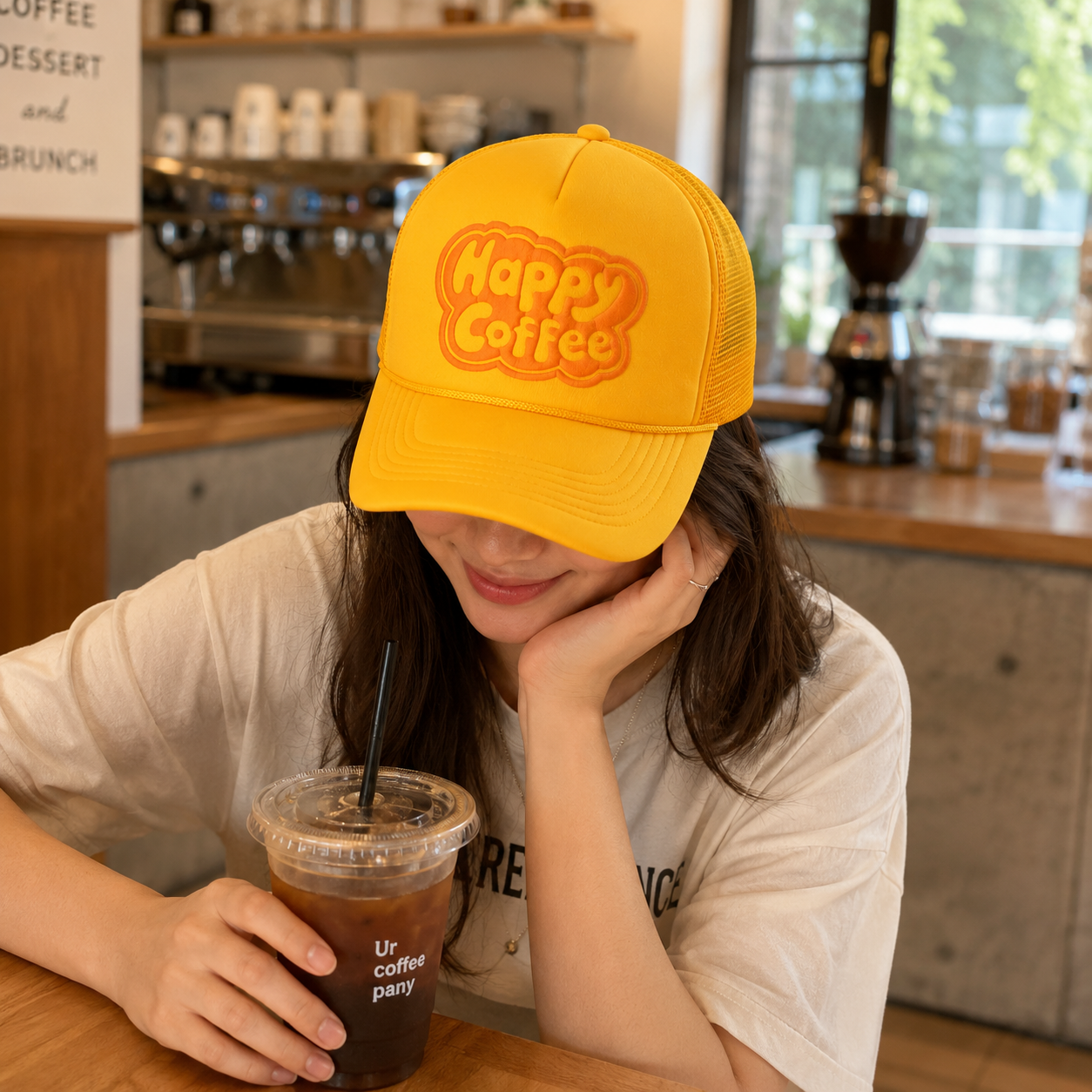 Yellow Happy Coffee Foam Mesh Trucker Cap with Raised Front Logo