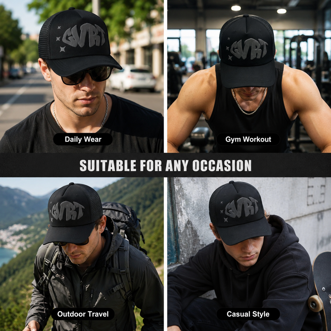 Black Foam-Mesh Trucker Cap with Tonal Raised Graffiti Logo