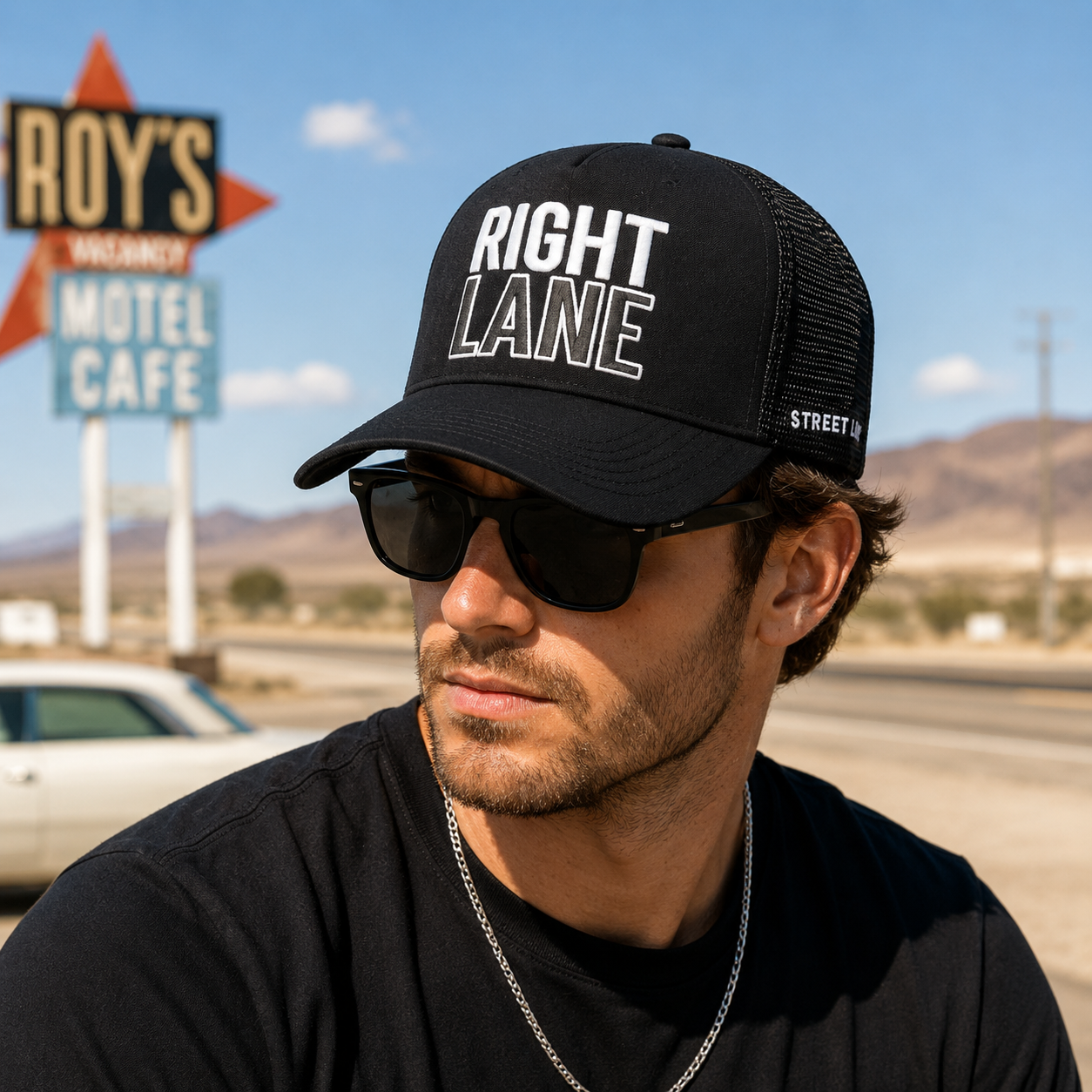 Black RIGHT LANE Raised Letter Mesh Trucker Cap