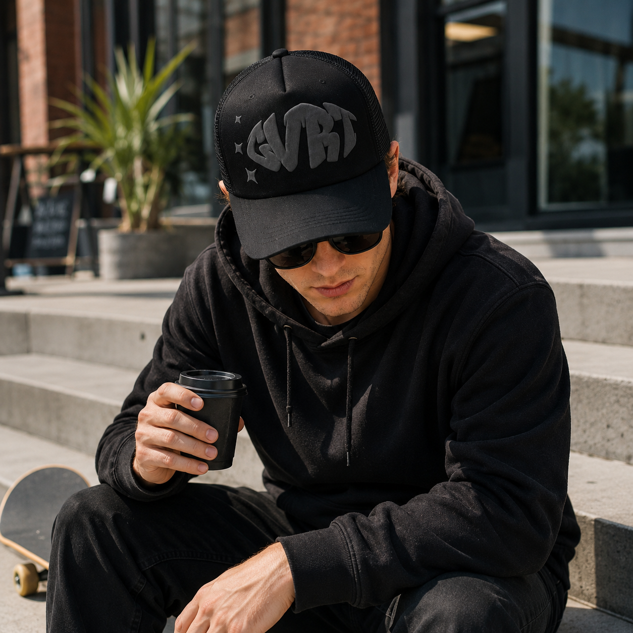 Black Foam-Mesh Trucker Cap with Tonal Raised Graffiti Logo