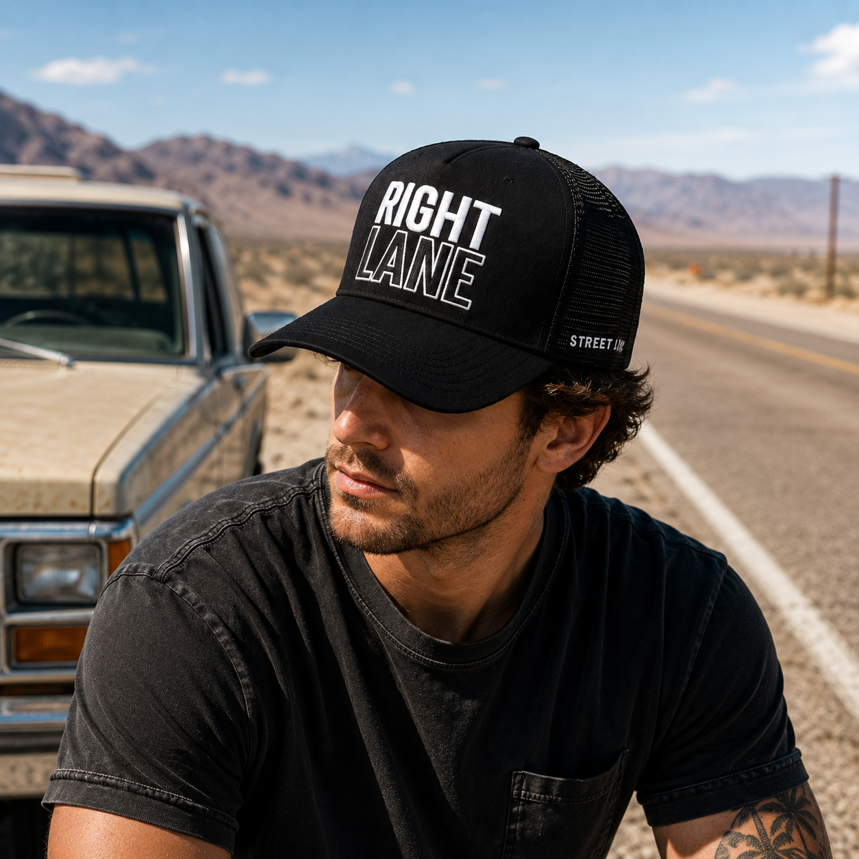 Black RIGHT LANE Raised Letter Mesh Trucker Cap