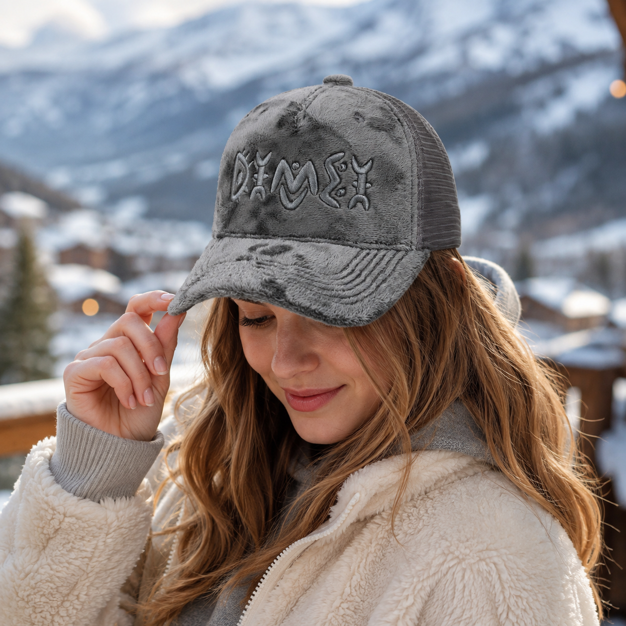 Gray Plush Velvet 5-Panel Mesh Trucker Cap with Tonal Embroidered Front Logo & Curved Brim