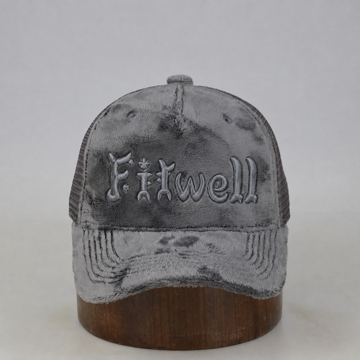 Gray Plush Velvet 5-Panel Mesh Trucker Cap with Tonal Embroidered Front Logo & Curved Brim