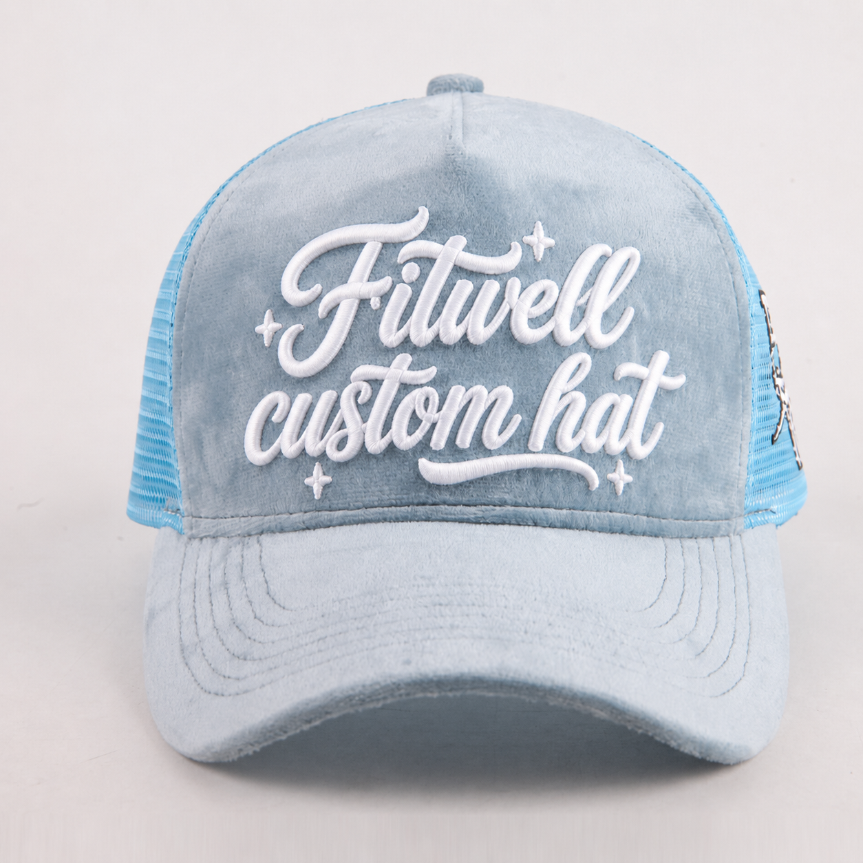 Light Blue Velvet Trucker Hat with Embroidered Script Logo, 5 Panel Mesh Back Baseball Cap