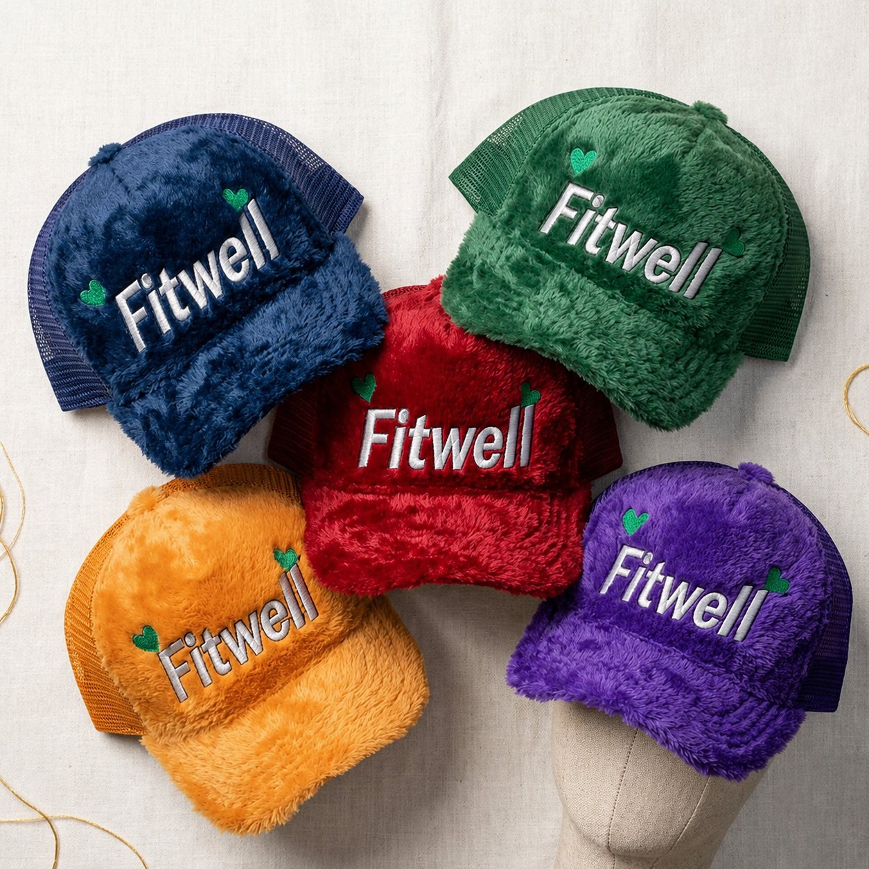 Colorful Plush Velvet Trucker Hat with Embroidered Script Logo, 5 Panel Mesh Back Baseball Cap