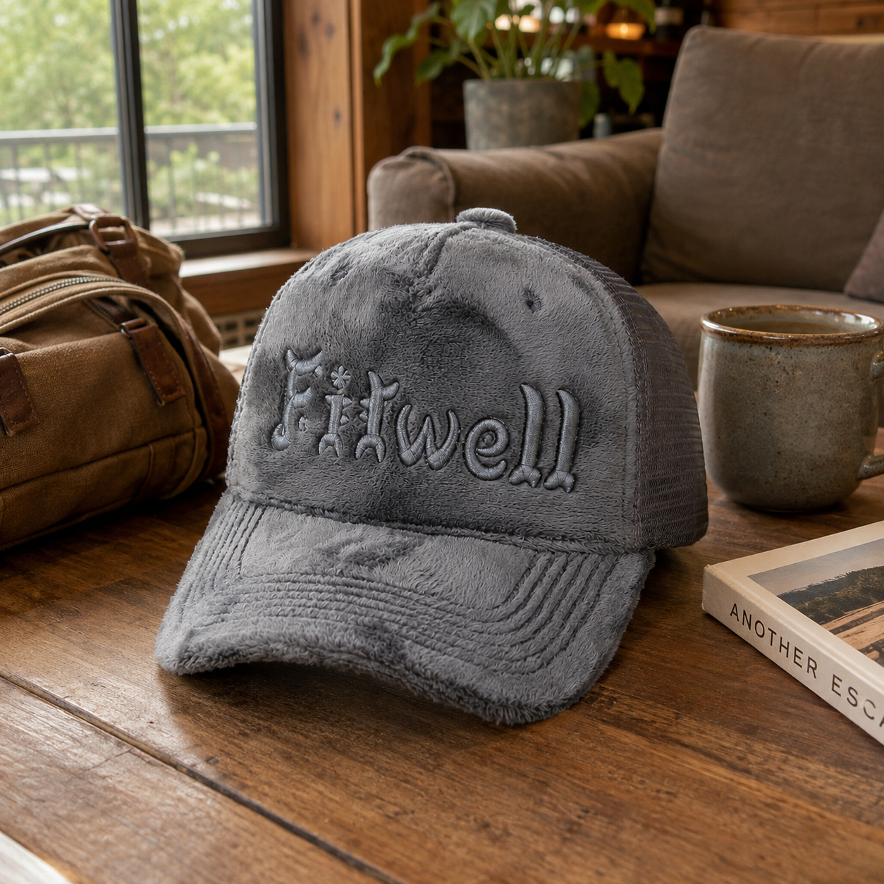 Gray Plush Velvet 5-Panel Mesh Trucker Cap with Tonal Embroidered Front Logo & Curved Brim