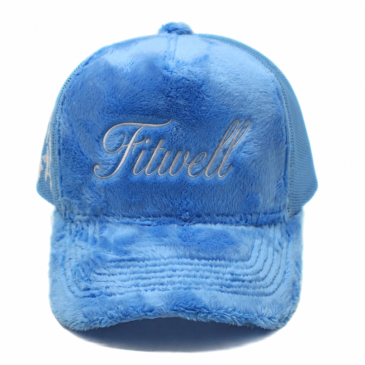 Pink & Blue Plush Velvet Mesh Trucker Caps with Curved Brim, Breathable Back & Embroidered Graphics