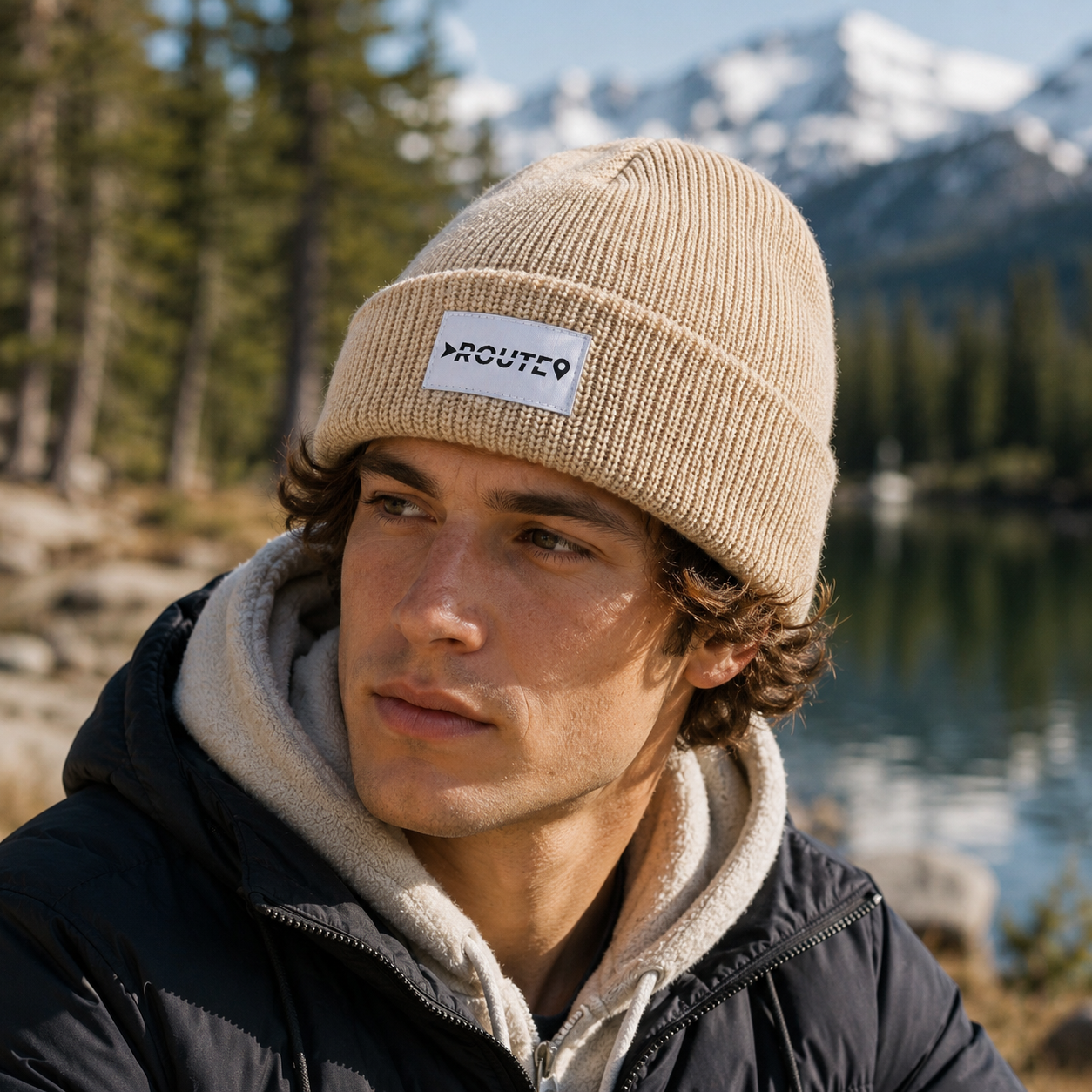 Beige Ribbed Knit Beanie with Woven Patch Label
