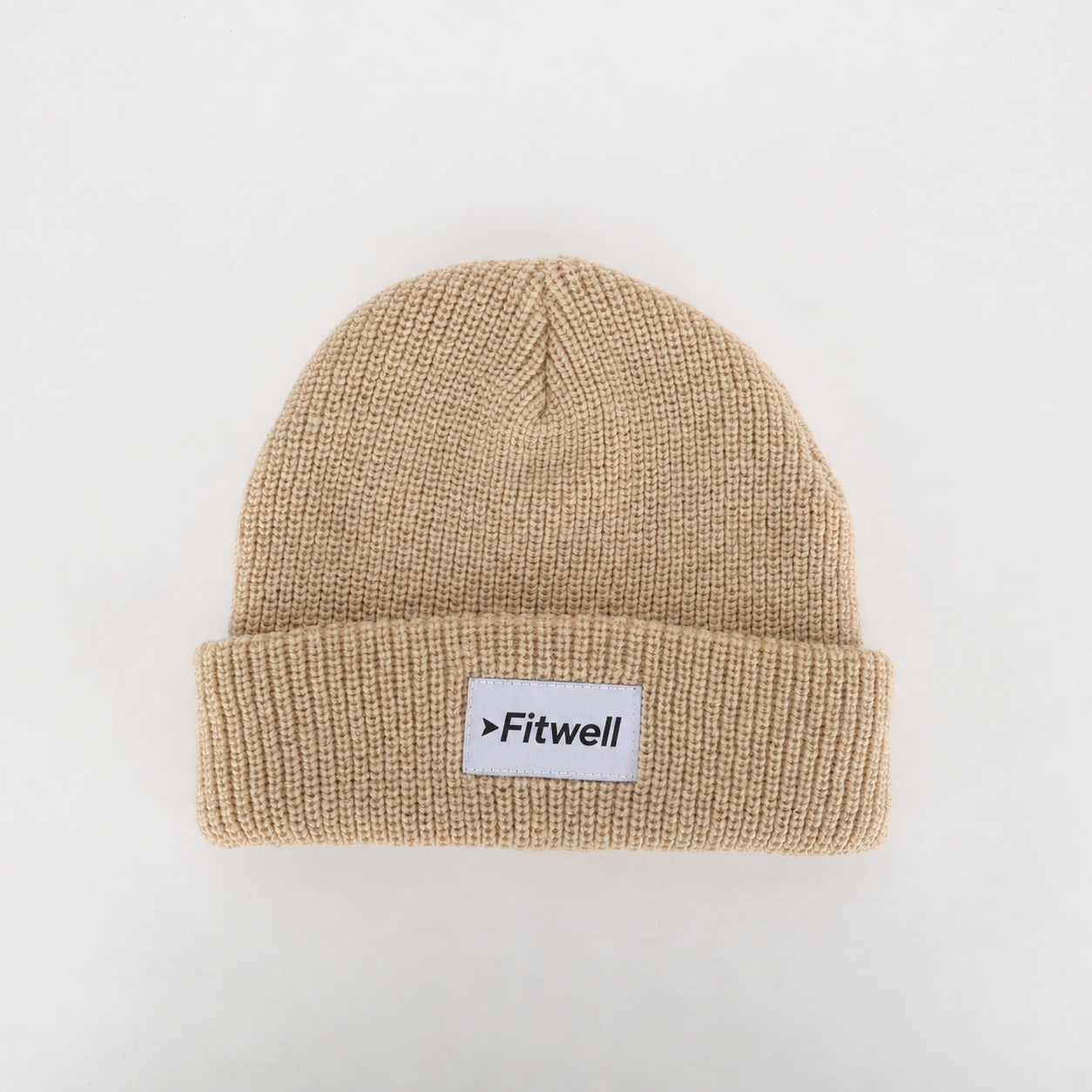 Beige Ribbed Knit Beanie with Woven Patch Label