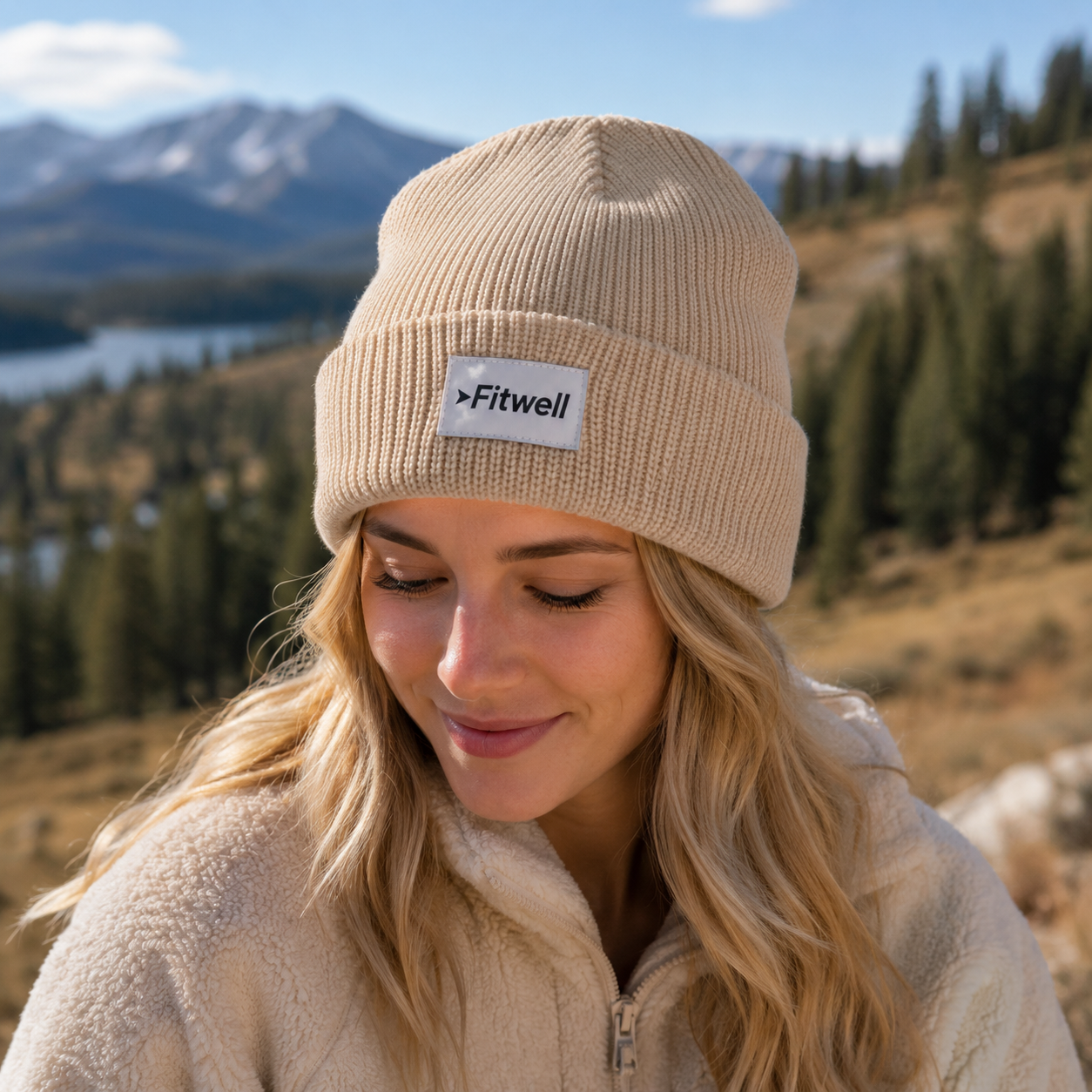 Beige Ribbed Knit Beanie with Woven Patch Label