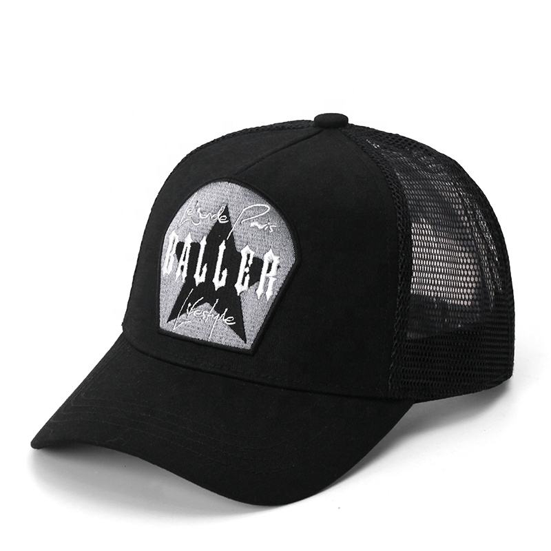 Black Baller Gothic Embroidered Patch Five-Panel Trucker Cap