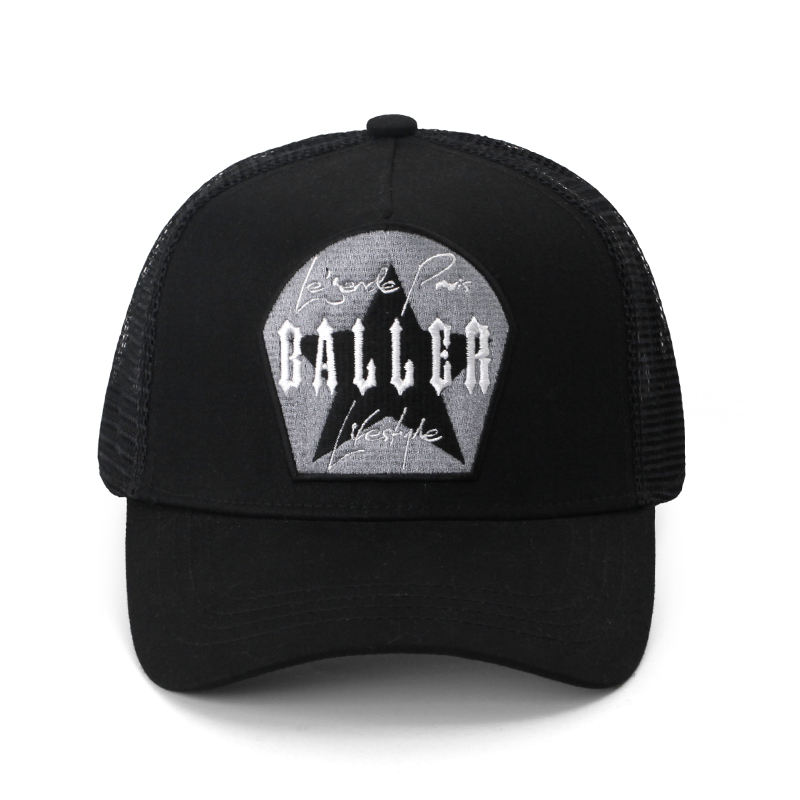 Black Baller Gothic Embroidered Patch Five-Panel Trucker Cap