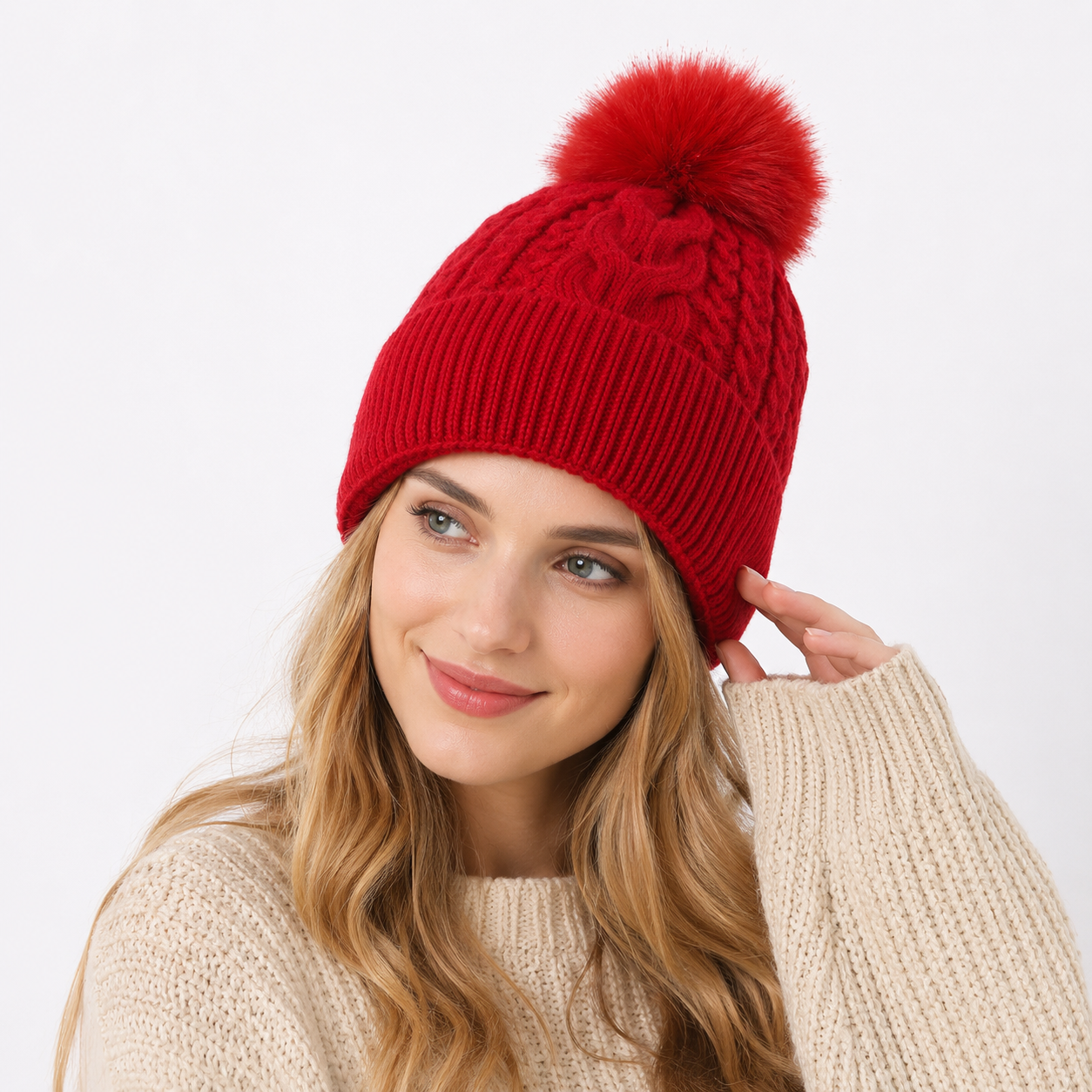 Women's Faux Fur Pom Pom Cable Knit Winter Beanie