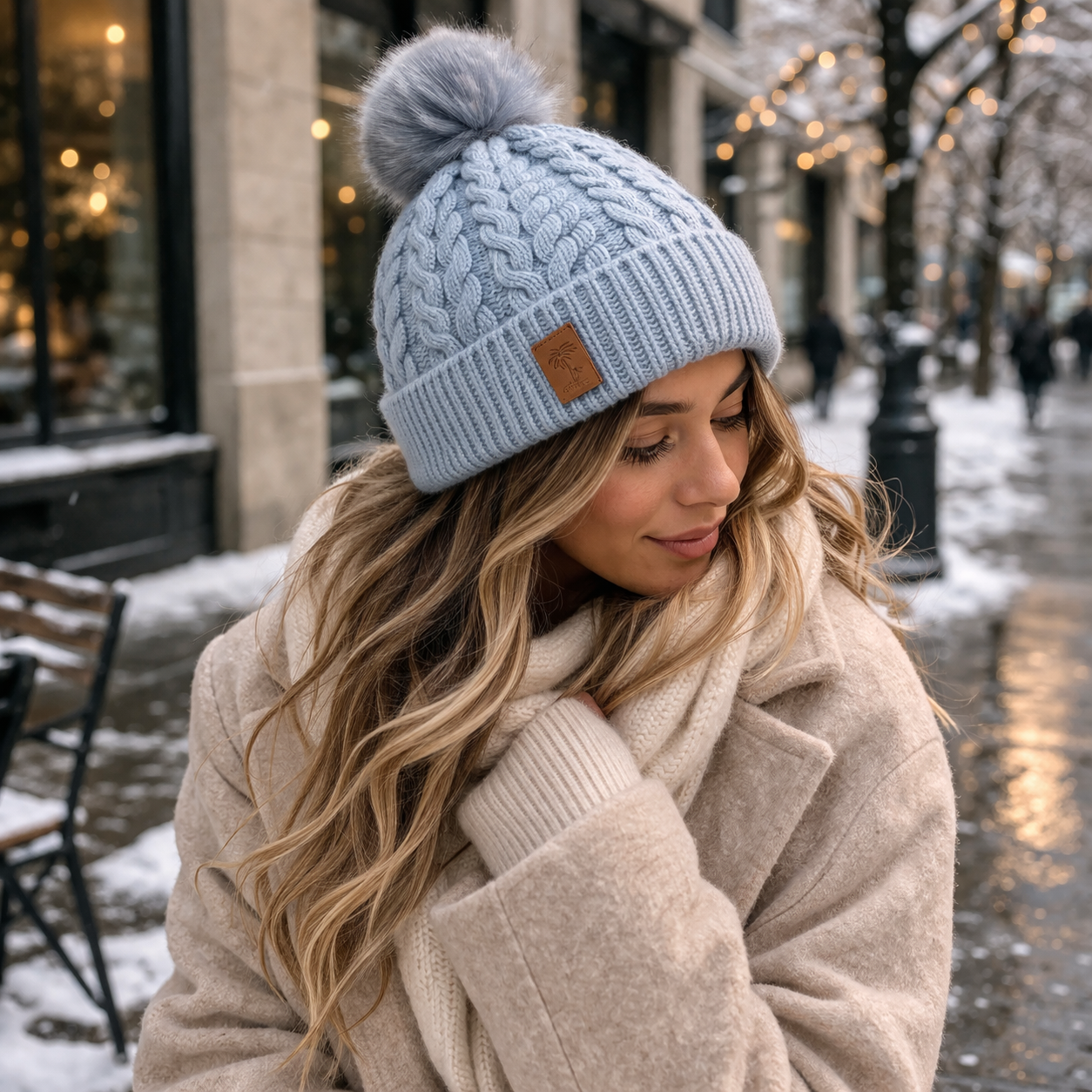 Winter Soft Cable Knit Cuffed Beanie with Faux Fur Pom Pom for Women