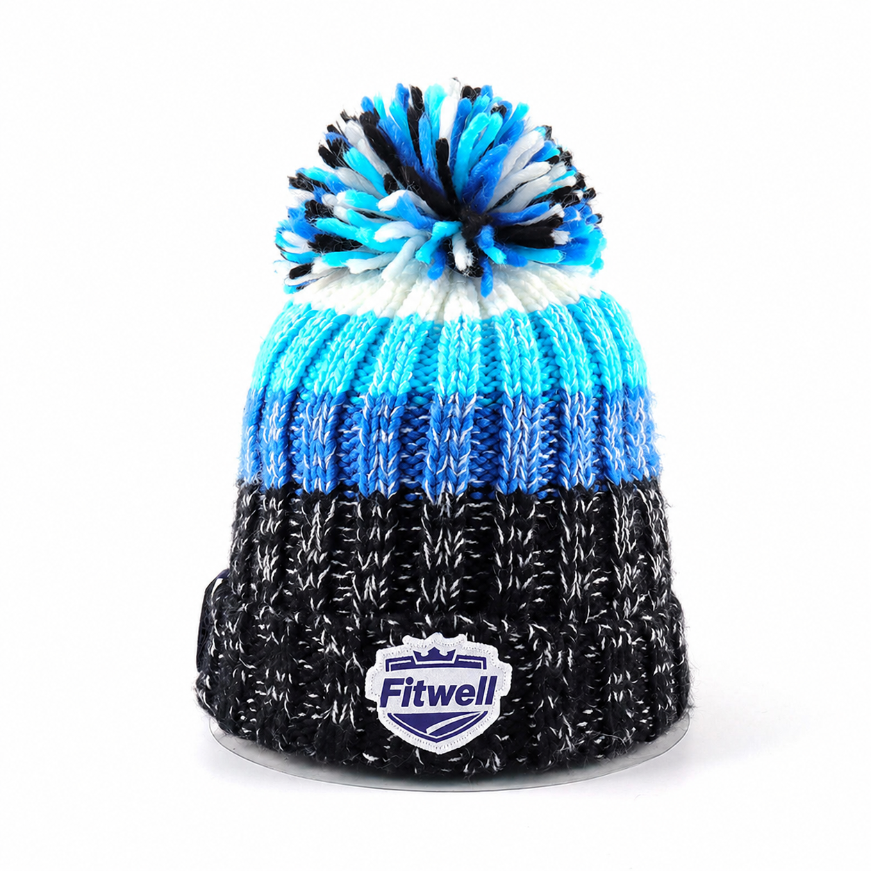 Blue Black Cable Knit Cuffed Pom Pom Beanie with Front Patch