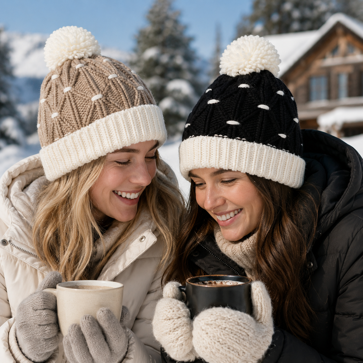 Cable Knit Cuffed Pom Pom Beanie Hat in Beige and Black